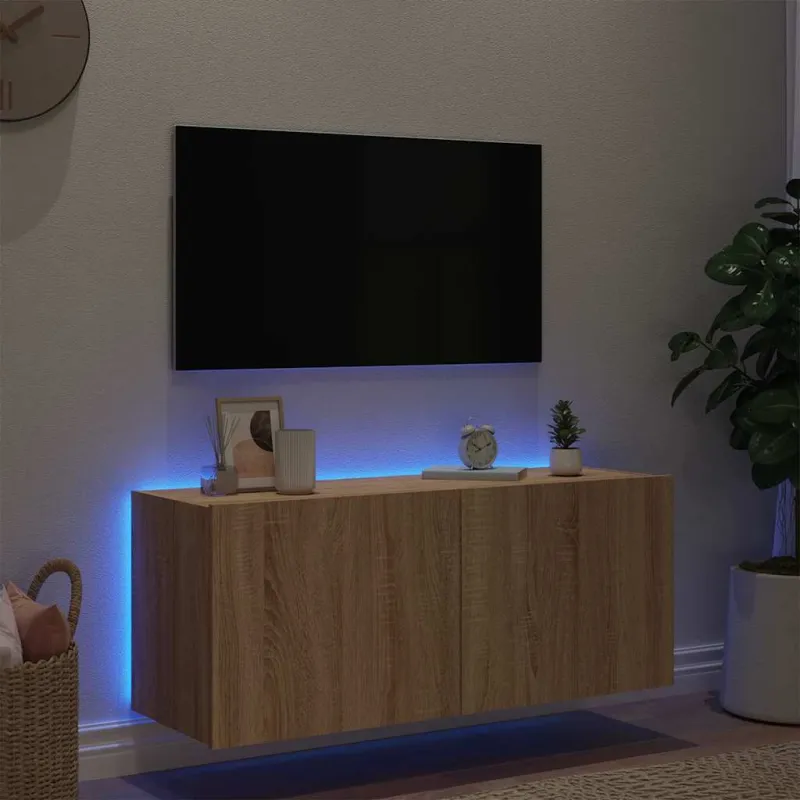 Sieninė TV spintelė su LED lemputėmis, ąžuolo, 100x35x41cm