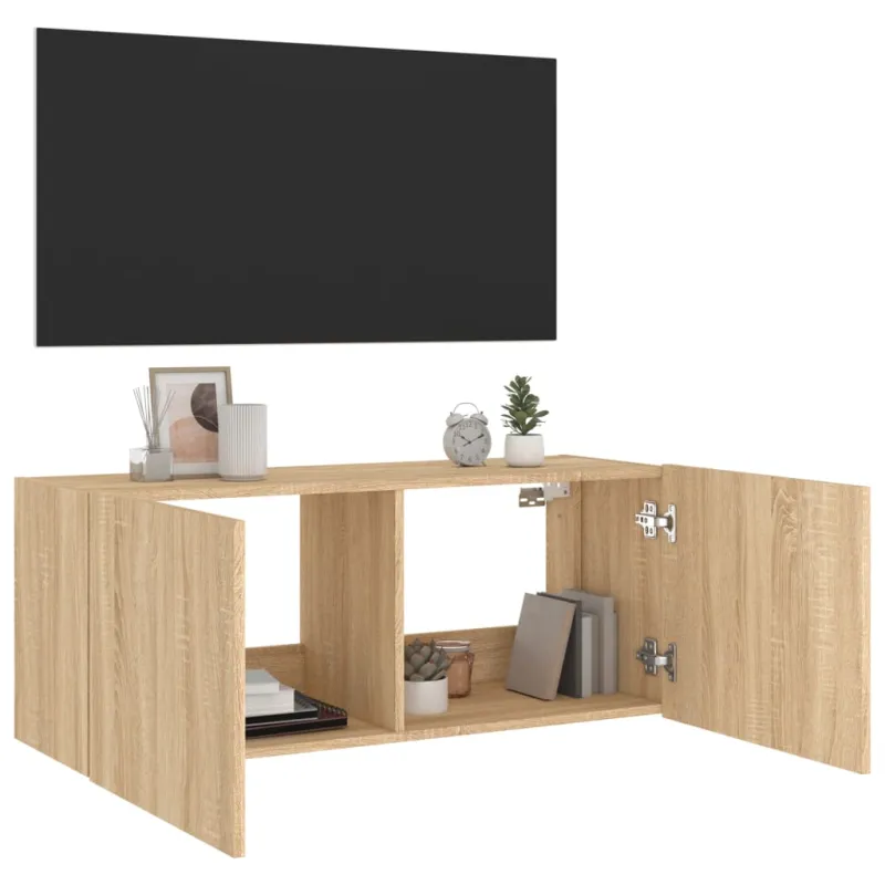 Sieninė TV spintelė su LED lemputėmis, ąžuolo, 100x35x41cm