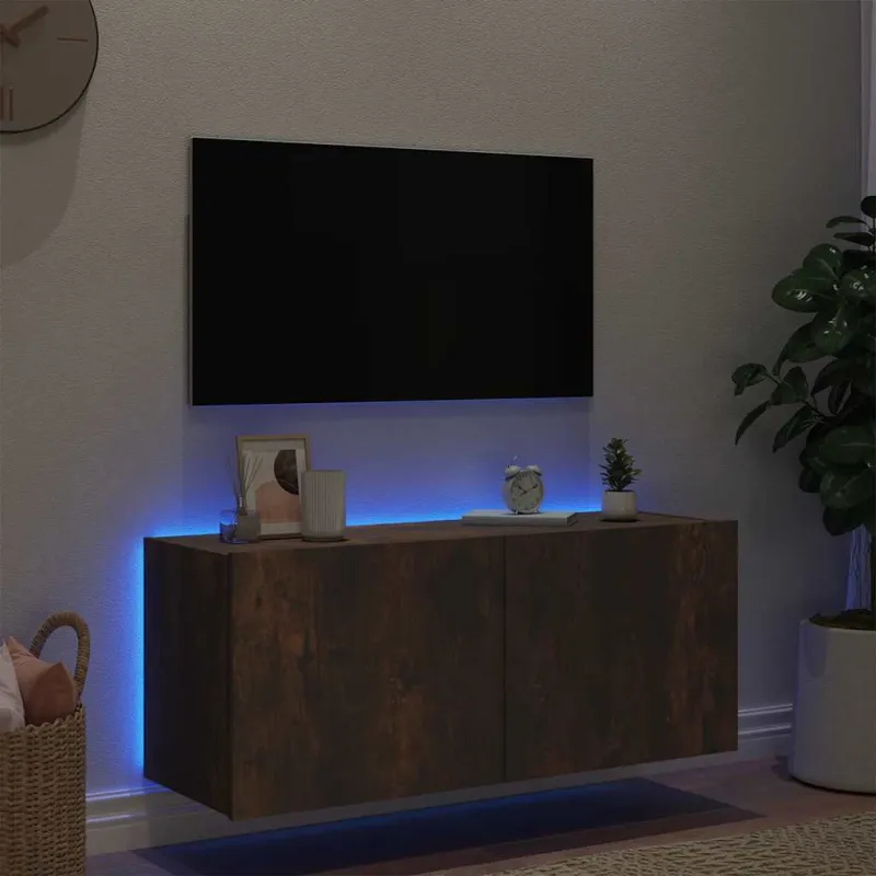 Sieninė TV spintelė su LED lemputėmis, dūminė, 100x35x41cm