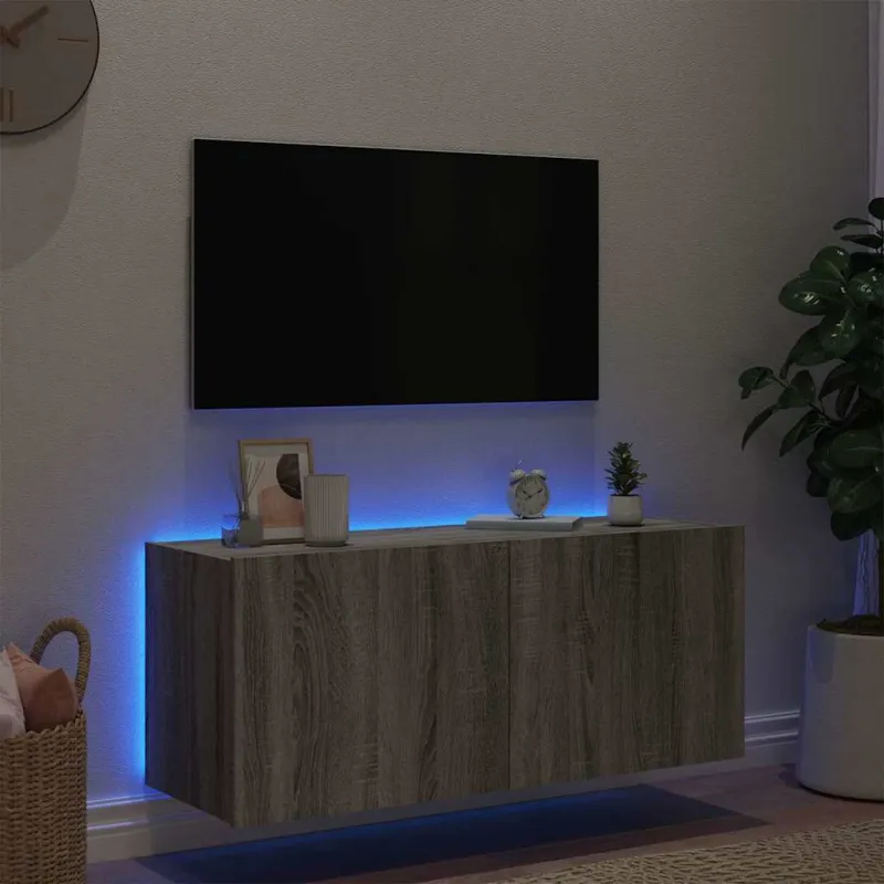 Sieninė TV spintelė su LED lemputėmis, pilka, 100x35x41cm