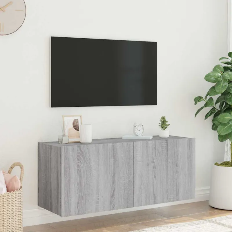 Sieninė TV spintelė su LED lemputėmis, pilka, 100x35x41cm