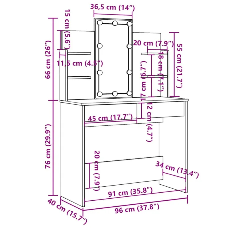 Kosmetinis staliukas su LED lemputėmis, baltas, 96x40x142cm