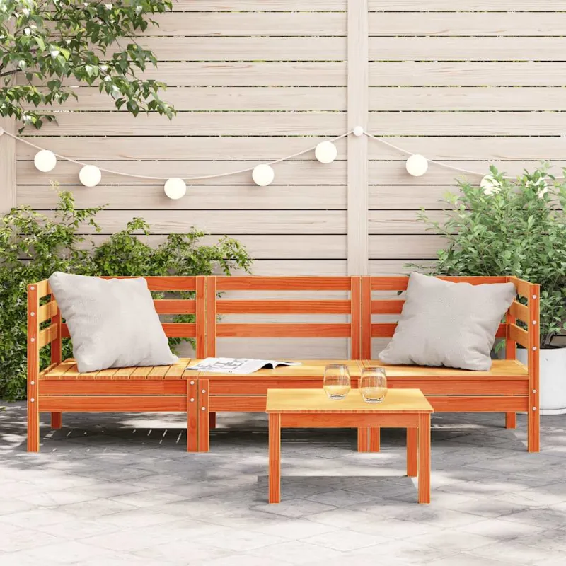 Trivietė sodo sofa, vaško ruda, pušies medienos masyvas