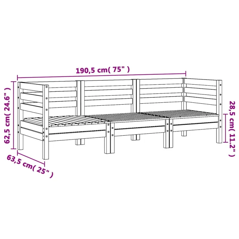 Trivietė sodo sofa, vaško ruda, pušies medienos masyvas