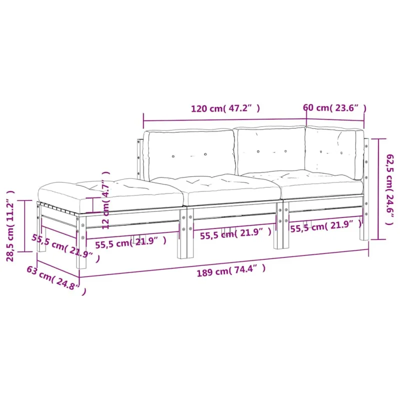 trivietė sodo sofa su pagalvėlėmis ir pakoja