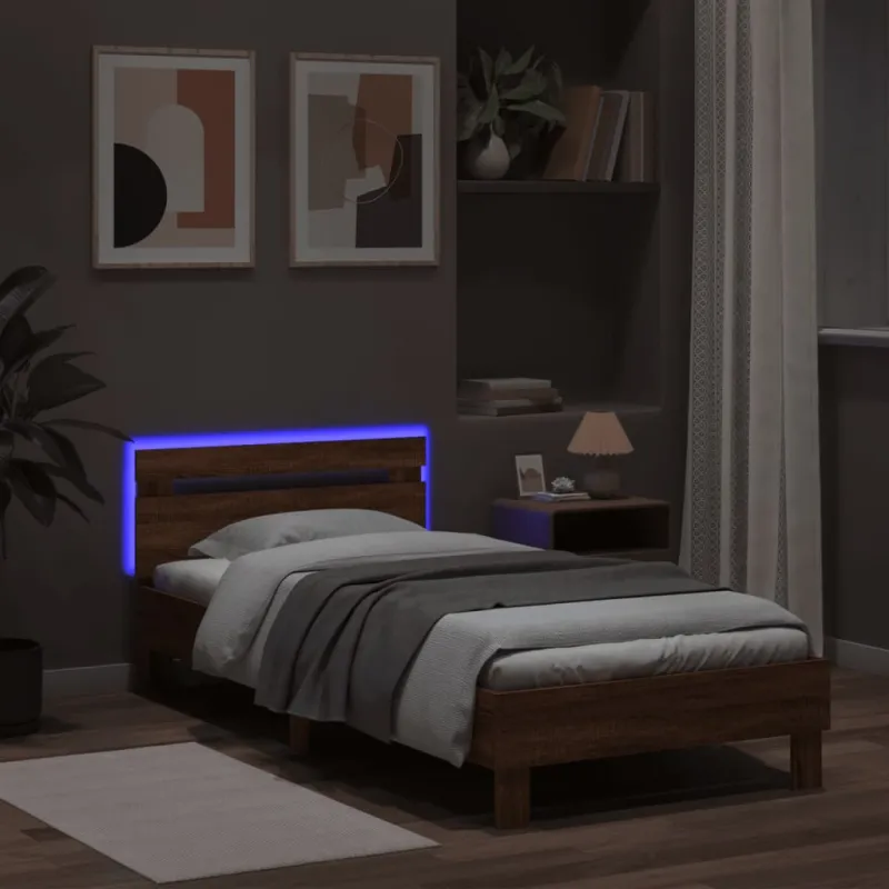 Lovos rėmas su galvūgaliu ir LED lemputėmis, rudas, 100x200cm