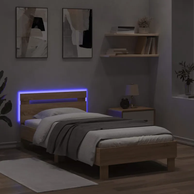 Lovos rėmas su galvūgaliu ir LED lemputėmis, ąžuolo, 90x200cm