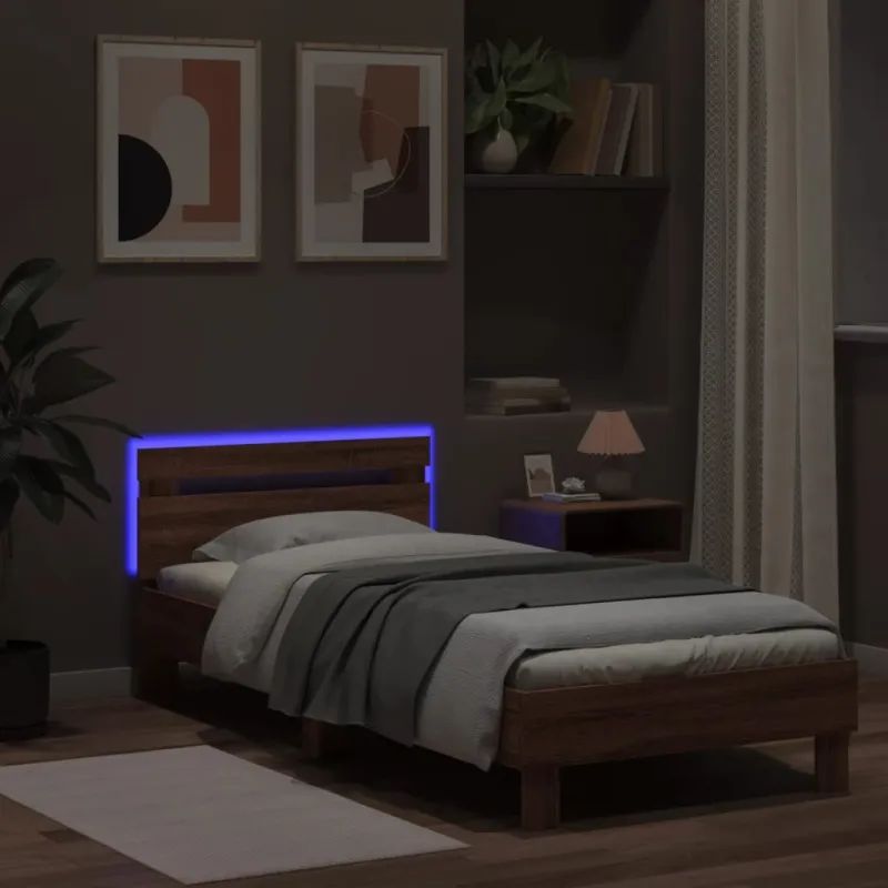 Lovos rėmas su galvūgaliu ir LED lemputėmis, rudas, 90x200cm