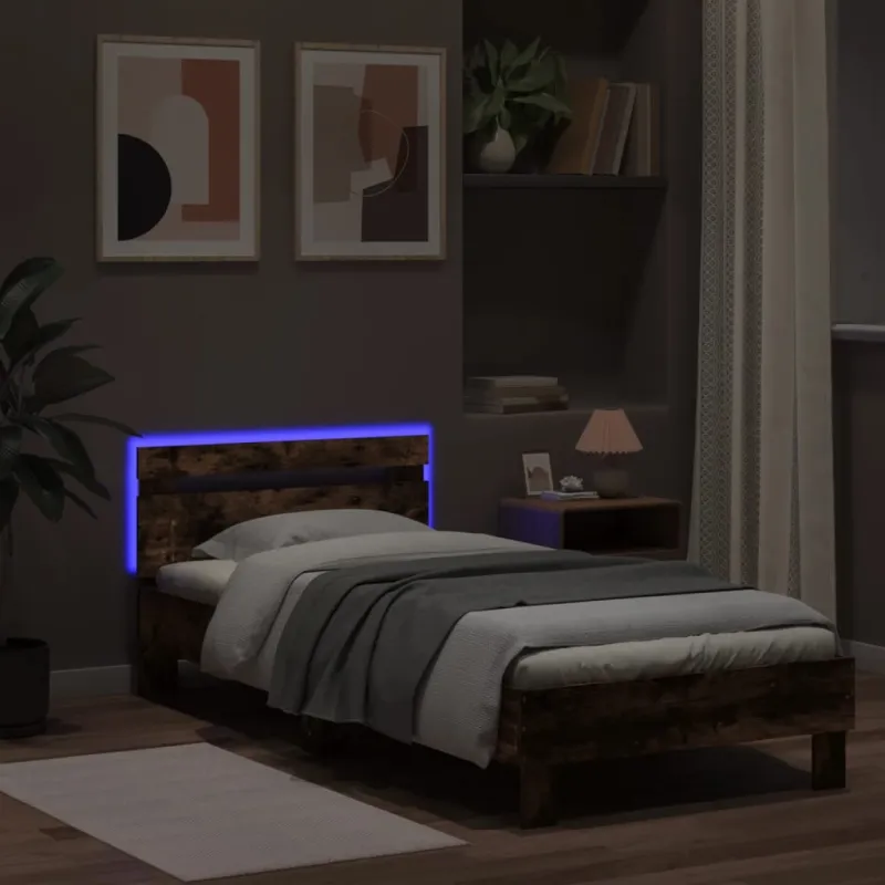 Lovos rėmas su galvūgaliu ir LED lemputėmis, dūminis, 90x190cm