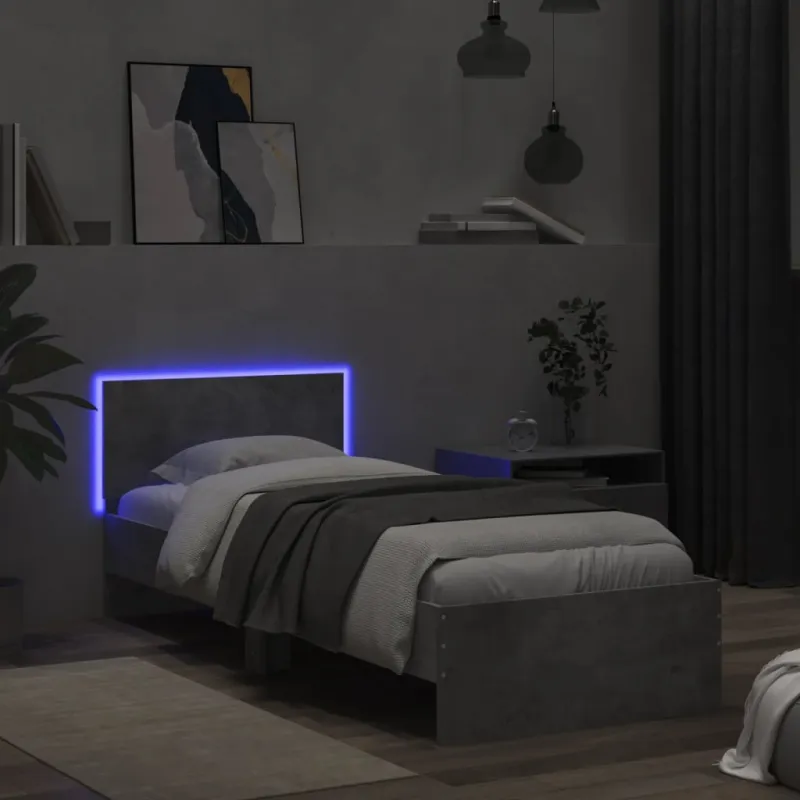 Lovos rėmas su galvūgaliu ir LED lemputėmis, betono, 90x200cm