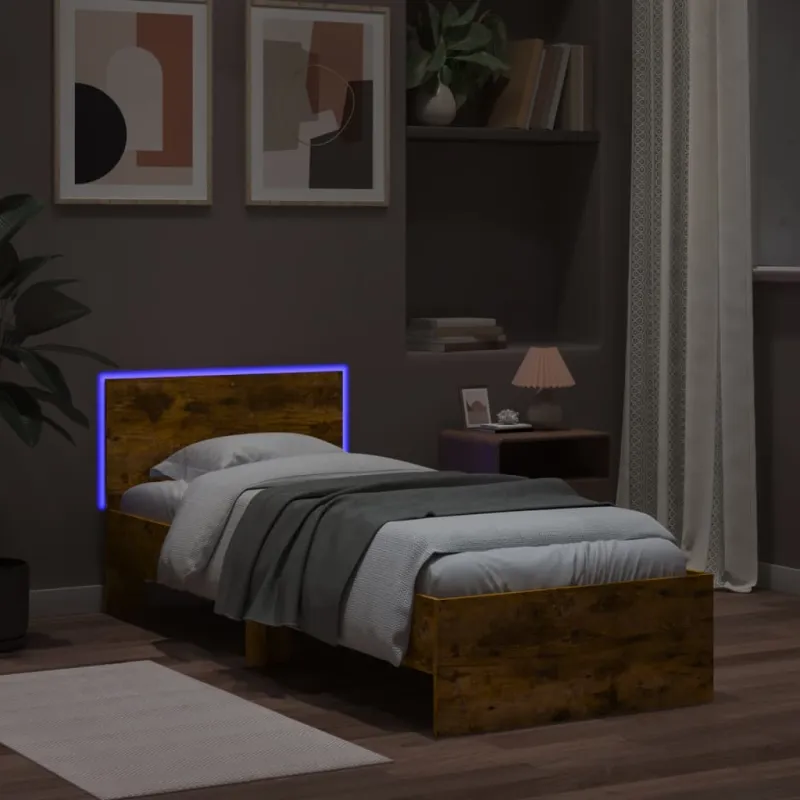 Lovos rėmas su galvūgaliu ir LED lemputėmis, dūminis, 90x200cm