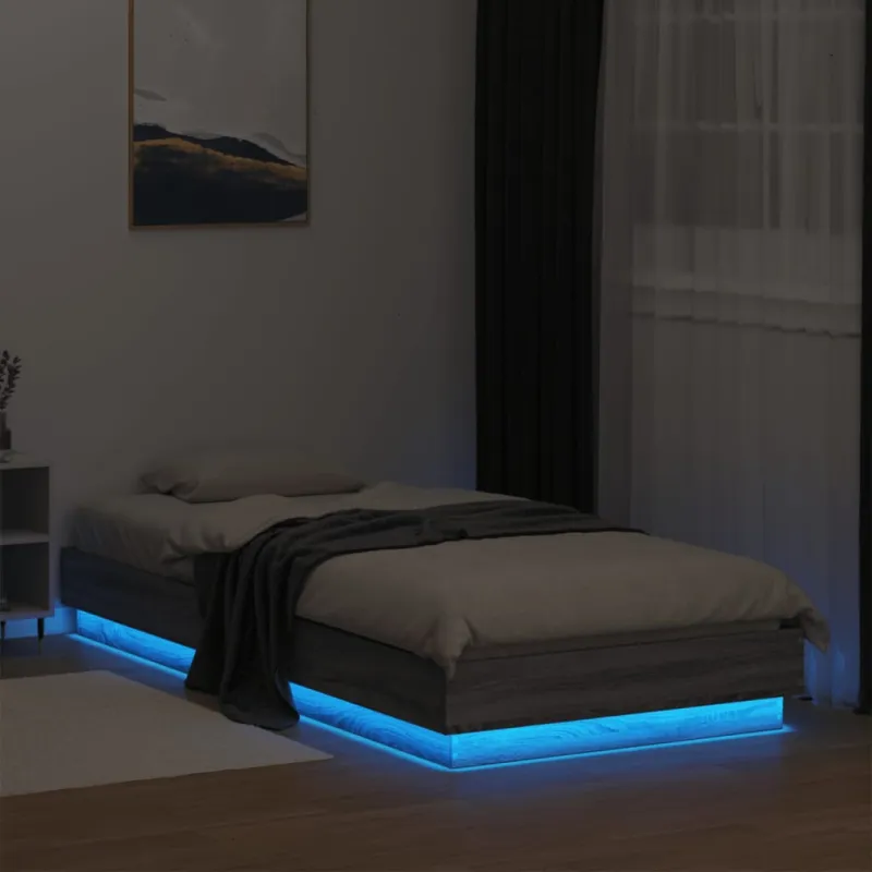 Lovos rėmas su LED lemputėmis, pilkos ąžuolo spalvos, 90x200cm
