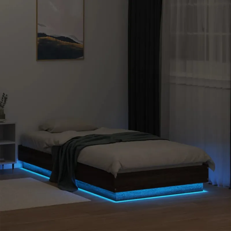 Lovos rėmas su LED lemputėmis, rudos ąžuolo spalvos, 90x190cm
