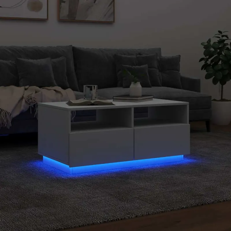 Kavos staliukas su LED lemputėmis, baltos spalvos, 90x49x40cm