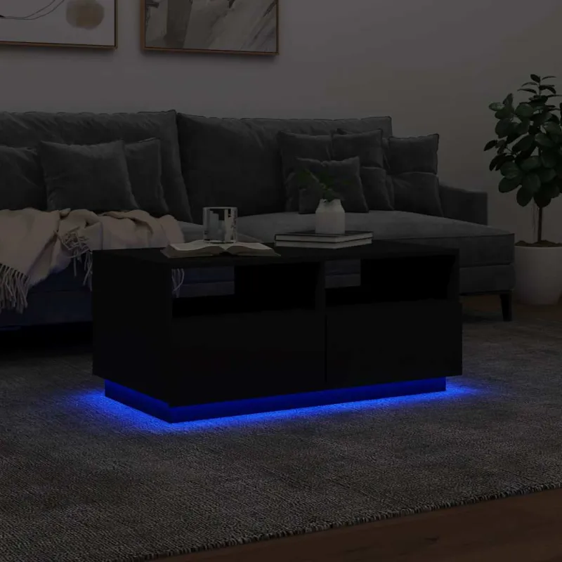 Kavos staliukas su LED lemputėmis, juodos spalvos, 90x49x40cm