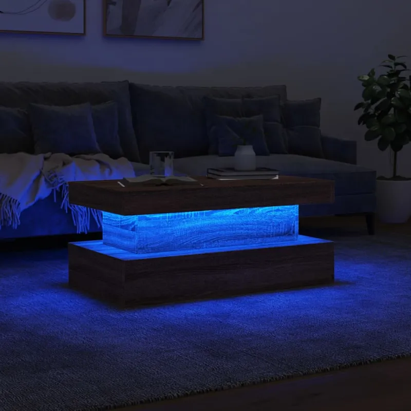 Kavos staliukas su LED lemputėmis, rudas ąžuolo, 90x50x40cm
