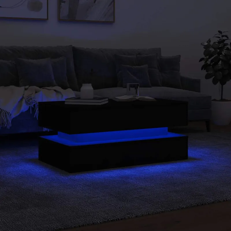 Kavos staliukas su LED lemputėmis, juodos spalvos, 90x50x40cm