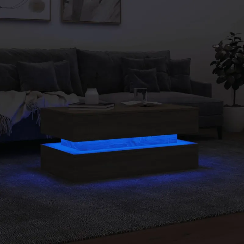 Kavos staliukas su LED lemputėmis, ąžuolo spalvos, 90x50x40cm