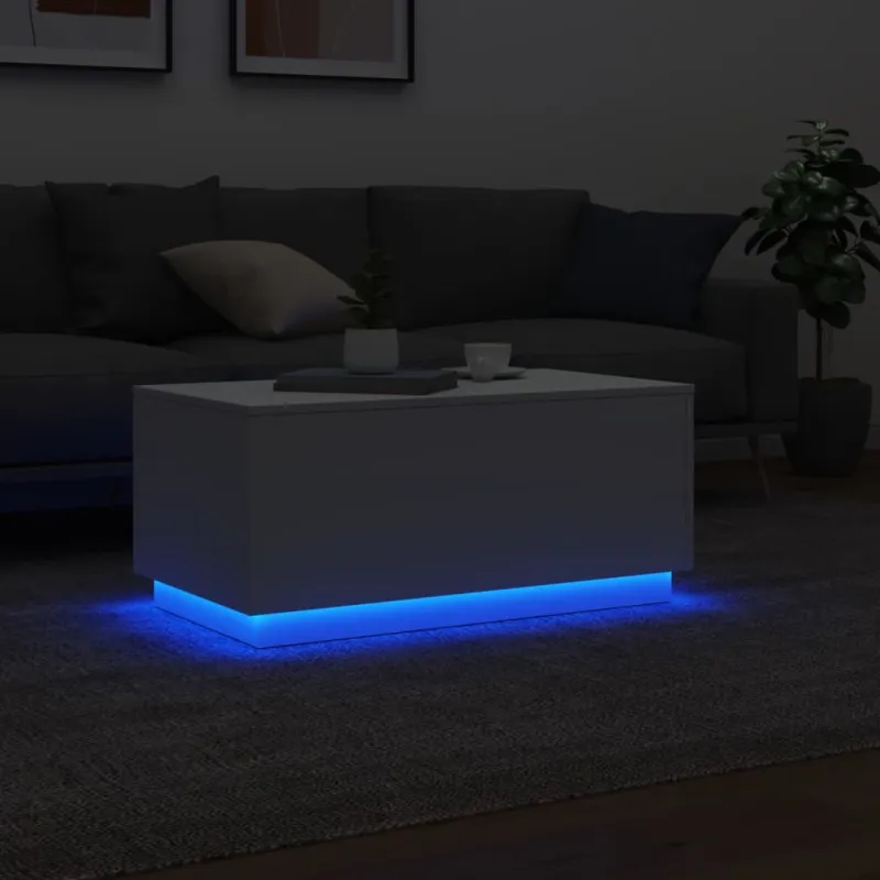 Kavos staliukas su LED lemputėmis, baltos spalvos, 90x50x40cm