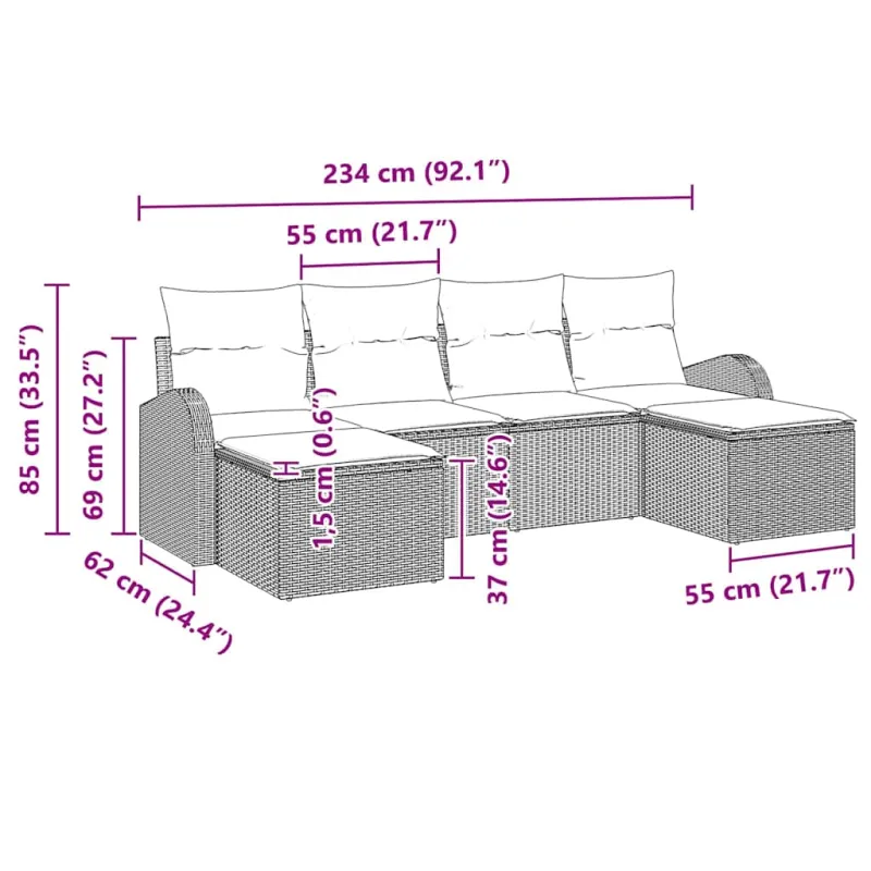 Sodo sohvaryhmä ja tyynysetti 6 osaa, hiekanvärinen polyrottinki