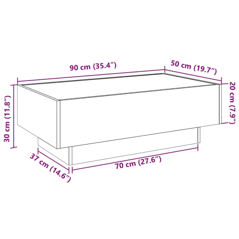 Kavos staliukas su LED, baltas, 90x50x30cm, apdirbta mediena