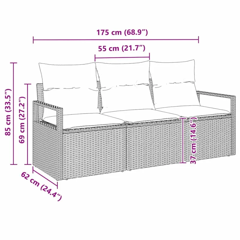 Sofosetti 3 osaa, vaaleanharmaa polyrattana