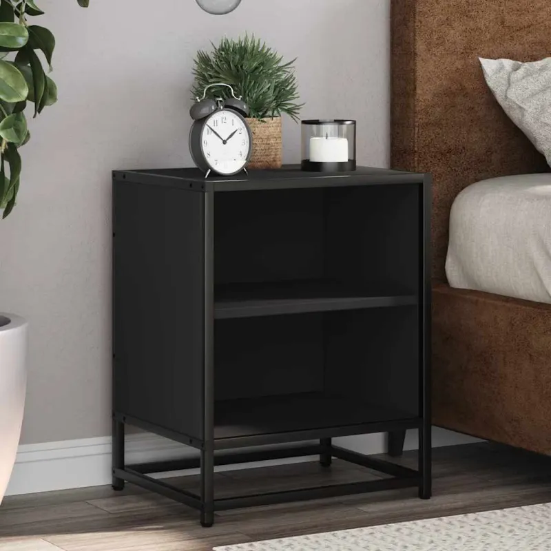 Spintelės prie lovos 2 vnt Juodos 40x31x50cm Mediena ir metalas