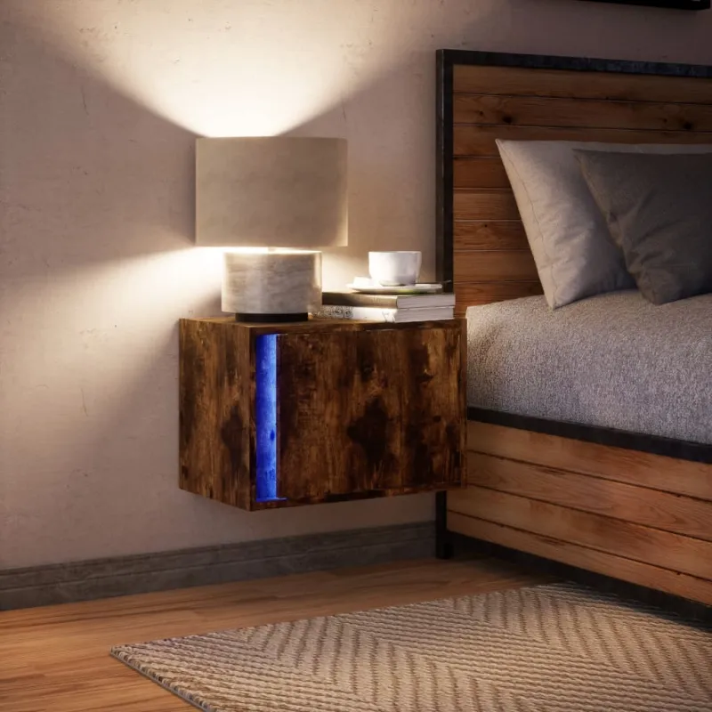 Prie sienos montuojama naktinė spintelė su LED, dūminio ąžuolo