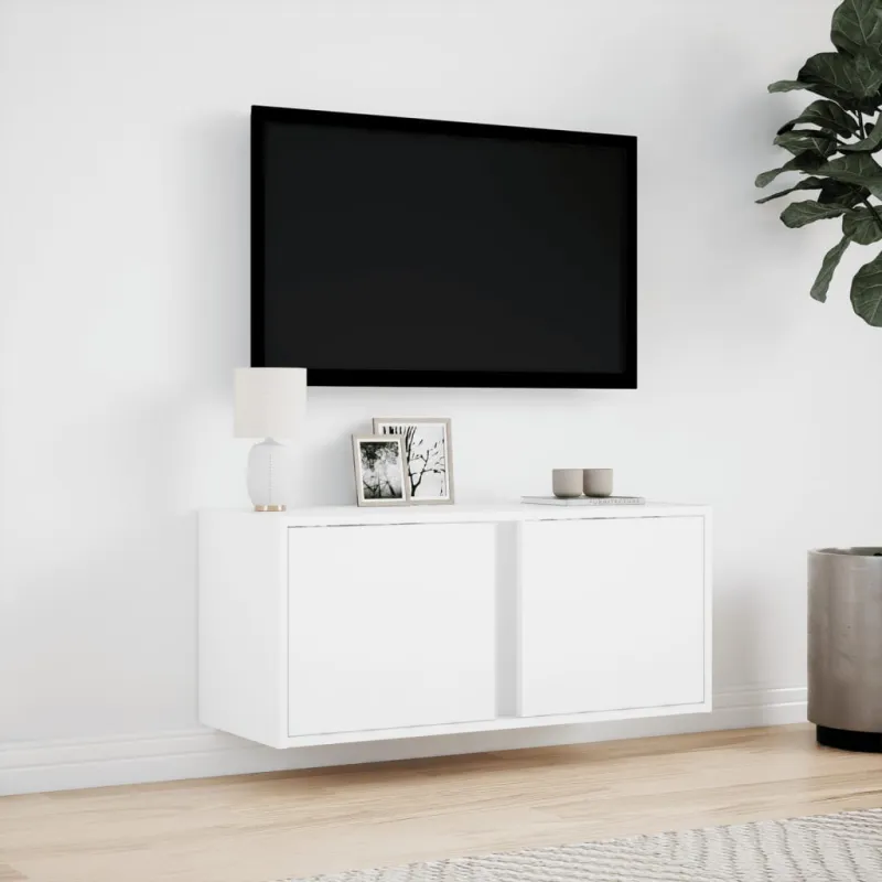 Sieninė TV spintelė su LED lemputėmis, balta, 80x31x35cm