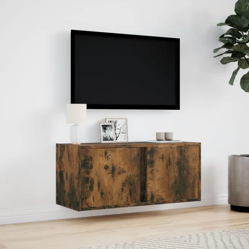 Sieninė TV spintelė su LED lemputėmis, dūminė, 80x31x35cm