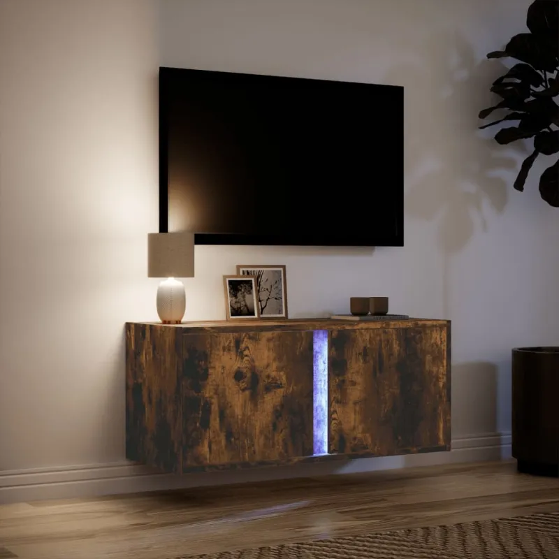 Sieninė TV spintelė su LED lemputėmis, dūminė, 80x31x35cm