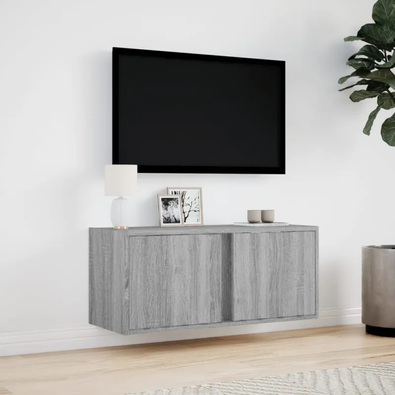 Sieninė TV spintelė su LED lemputėmis, pilka, 80x31x35cm