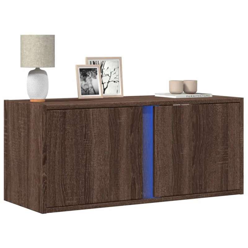 Sieninė TV spintelė su LED lemputėmis, ruda ąžuolo, 80x31x35cm
