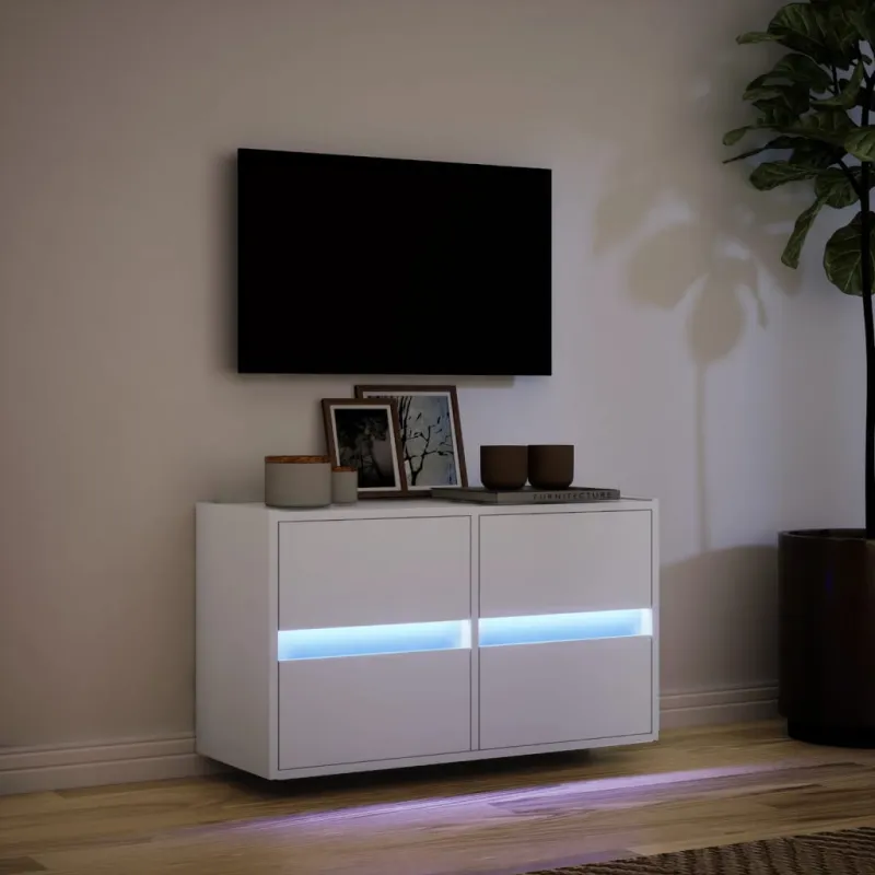 Sieninė TV spintelė su LED lemputėmis, balta, 80x31x45cm