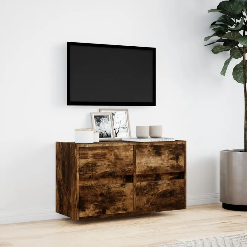 Sieninė TV spintelė su LED lemputėmis, dūminė, 80x31x45cm