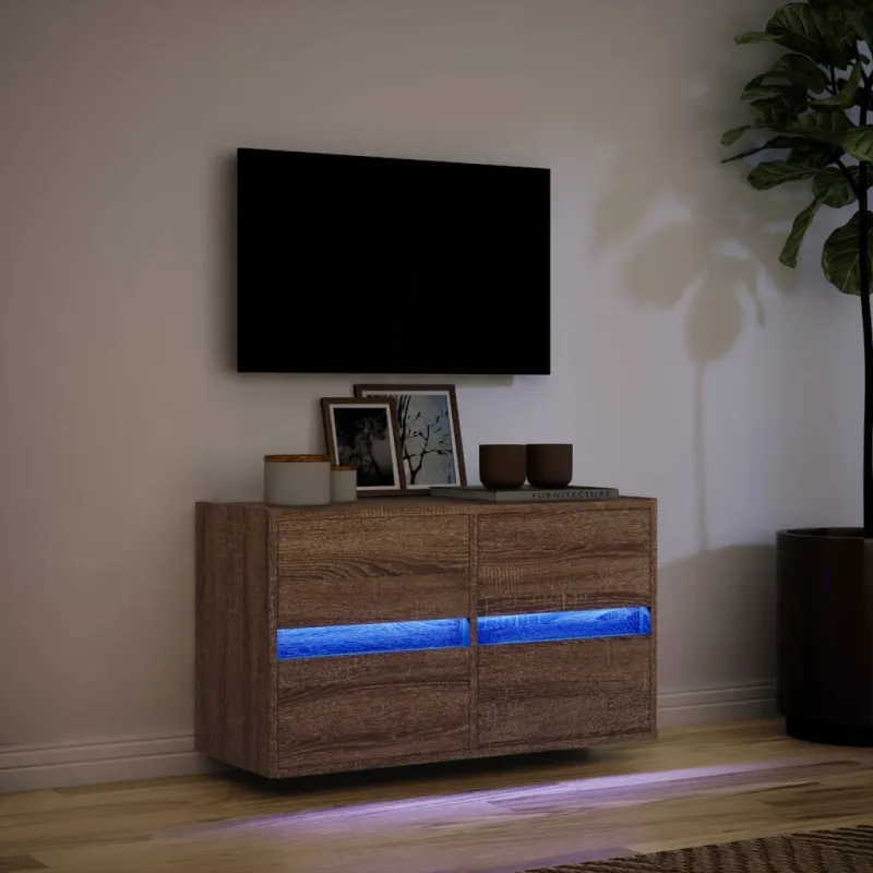 Sieninė TV spintelė su LED lemputėmis, ruda ąžuolo, 80x31x45cm