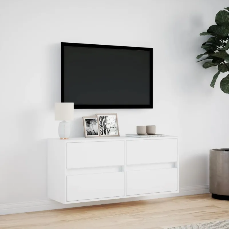 Sieninė TV spintelė su LED lemputėmis, balta, 100x31x45cm