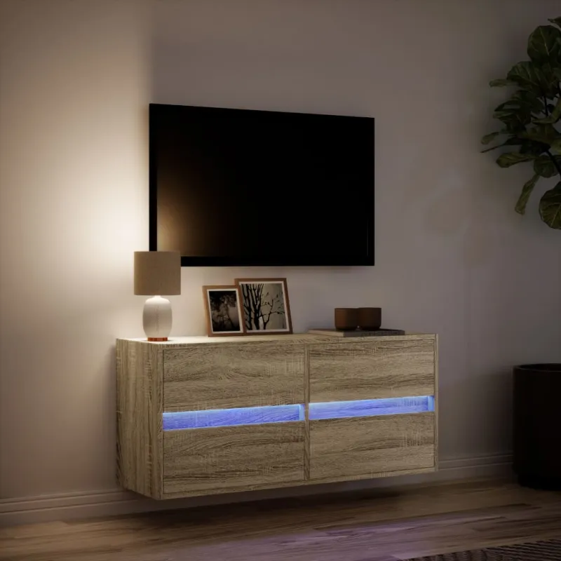 Sieninė TV spintelė su LED lemputėmis, ąžuolo, 100x31x45cm