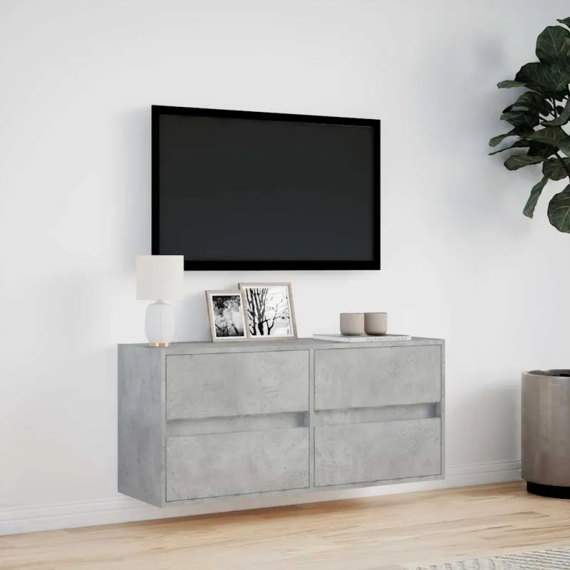 Sieninė TV spintelė su LED lemputėmis, betono, 100x31x45cm
