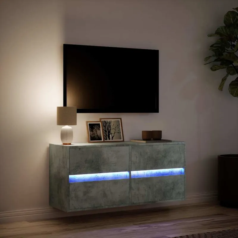 Sieninė TV spintelė su LED lemputėmis, betono, 100x31x45cm