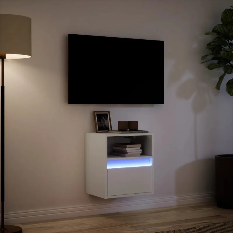 Sieninė TV spintelė su LED lemputėmis, balta, 41x31x45cm