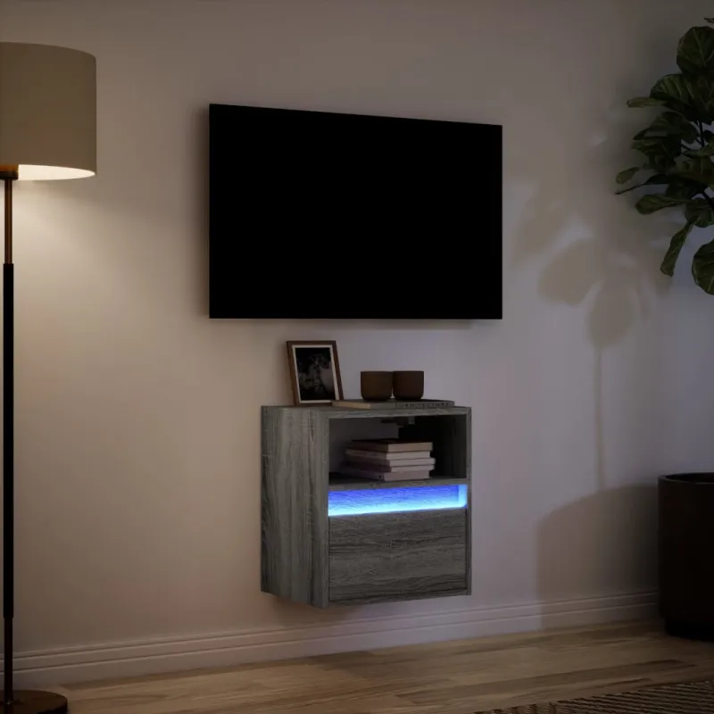 Sieninė TV spintelė su LED lemputėmis, pilka, 41x31x45cm
