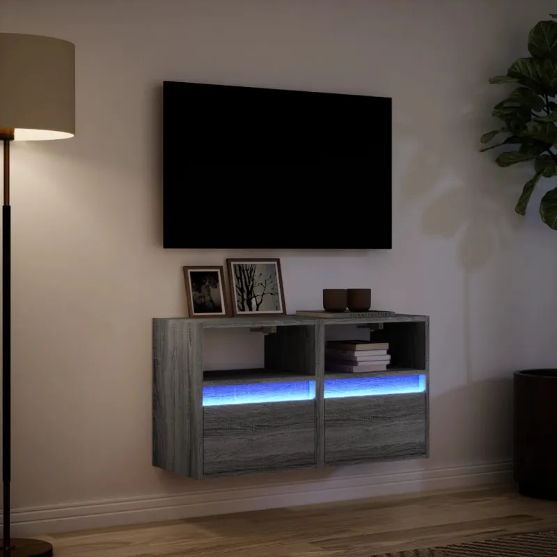 Sieninės TV spintelės su LED, 2vnt., pilkos, 41x31x45cm