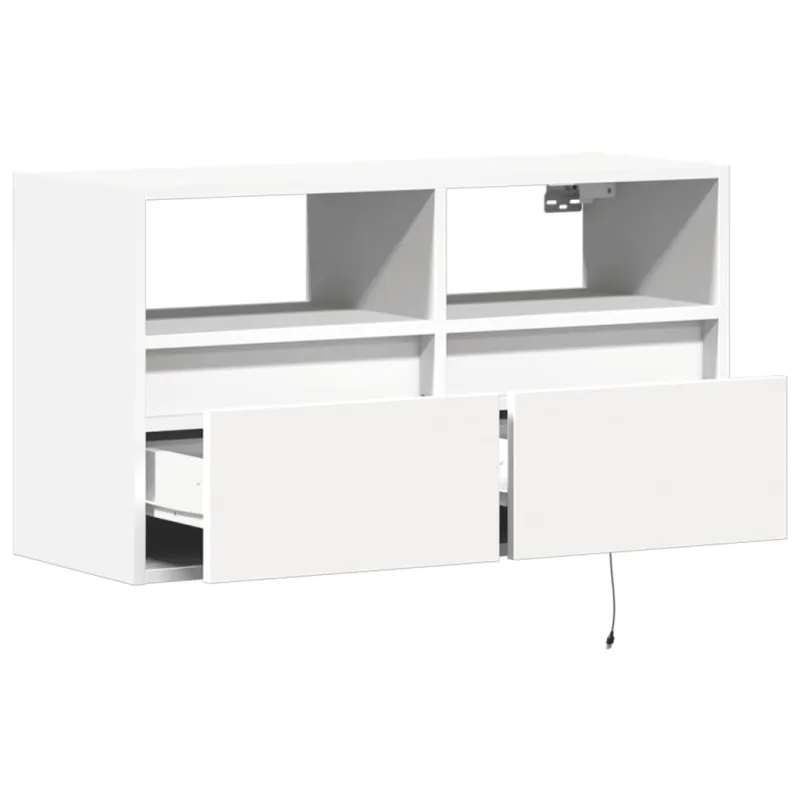 Sieninė TV spintelė su LED lemputėmis, balta, 80x31x45cm