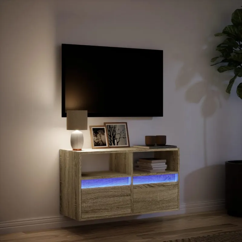 Sieninė TV spintelė su LED lemputėmis, ąžuolo, 80x31x45cm