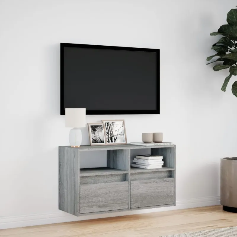 Sieninė TV spintelė su LED lemputėmis, pilka ąžuolo, 80x31x45cm
