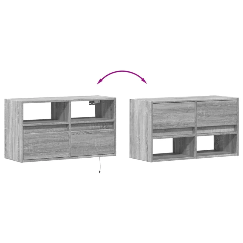Sieninė TV spintelė su LED lemputėmis, pilka ąžuolo, 80x31x45cm