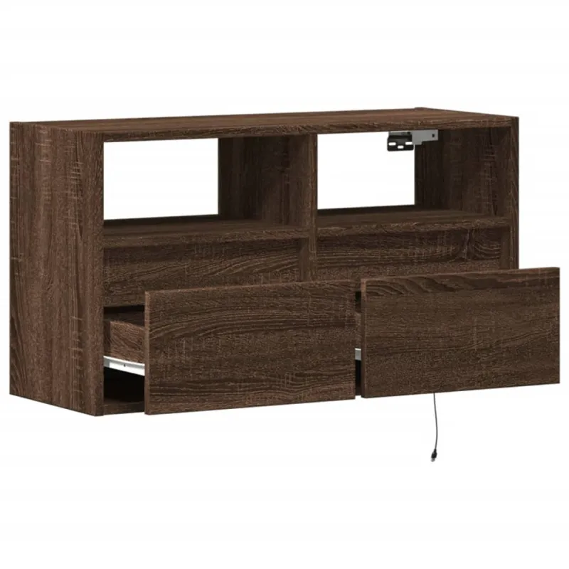 Sieninė TV spintelė su LED lemputėmis, ruda ąžuolo, 80x31x45cm