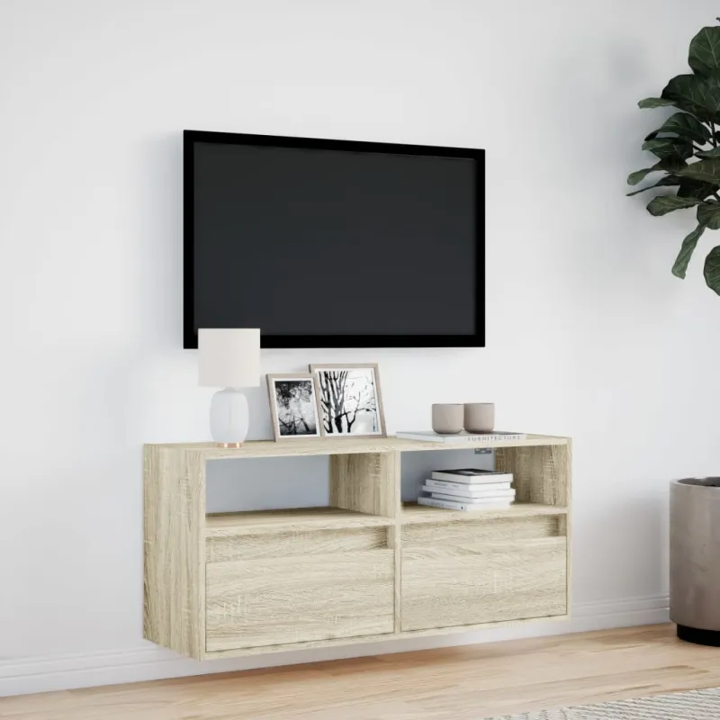 Sieninė TV spintelė su LED lemputėmis, ąžuolo, 100x31x45cm