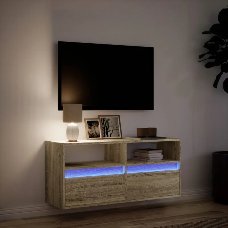 Sieninė TV spintelė su LED lemputėmis, ąžuolo, 100x31x45cm